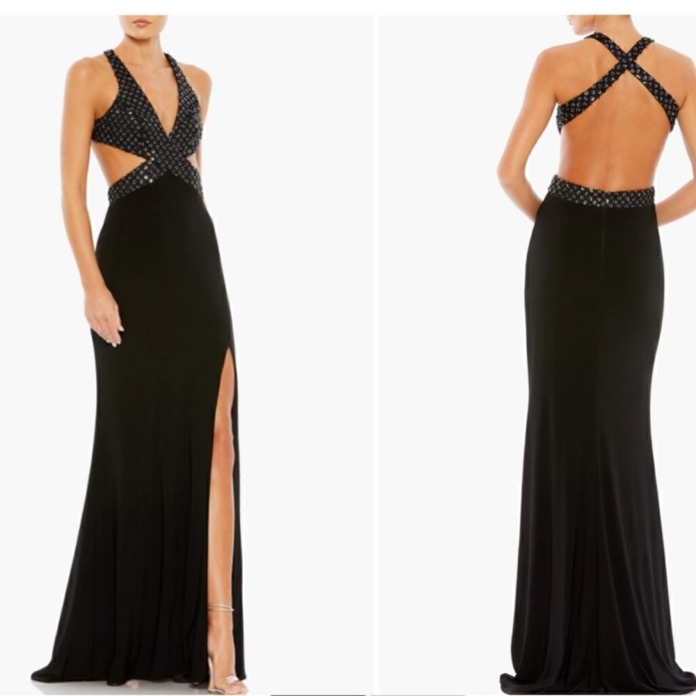 NWT Mac Duggal Black Floral Sequin Criss
Cross Bodice Side Slit Gown Size 6 - Picture 15 of 15